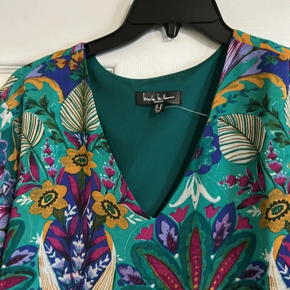 Nicole Miller Long Sleeve Blouse Tropical Teal Blue Print - Size 1X NEW - Picture 3 of 5